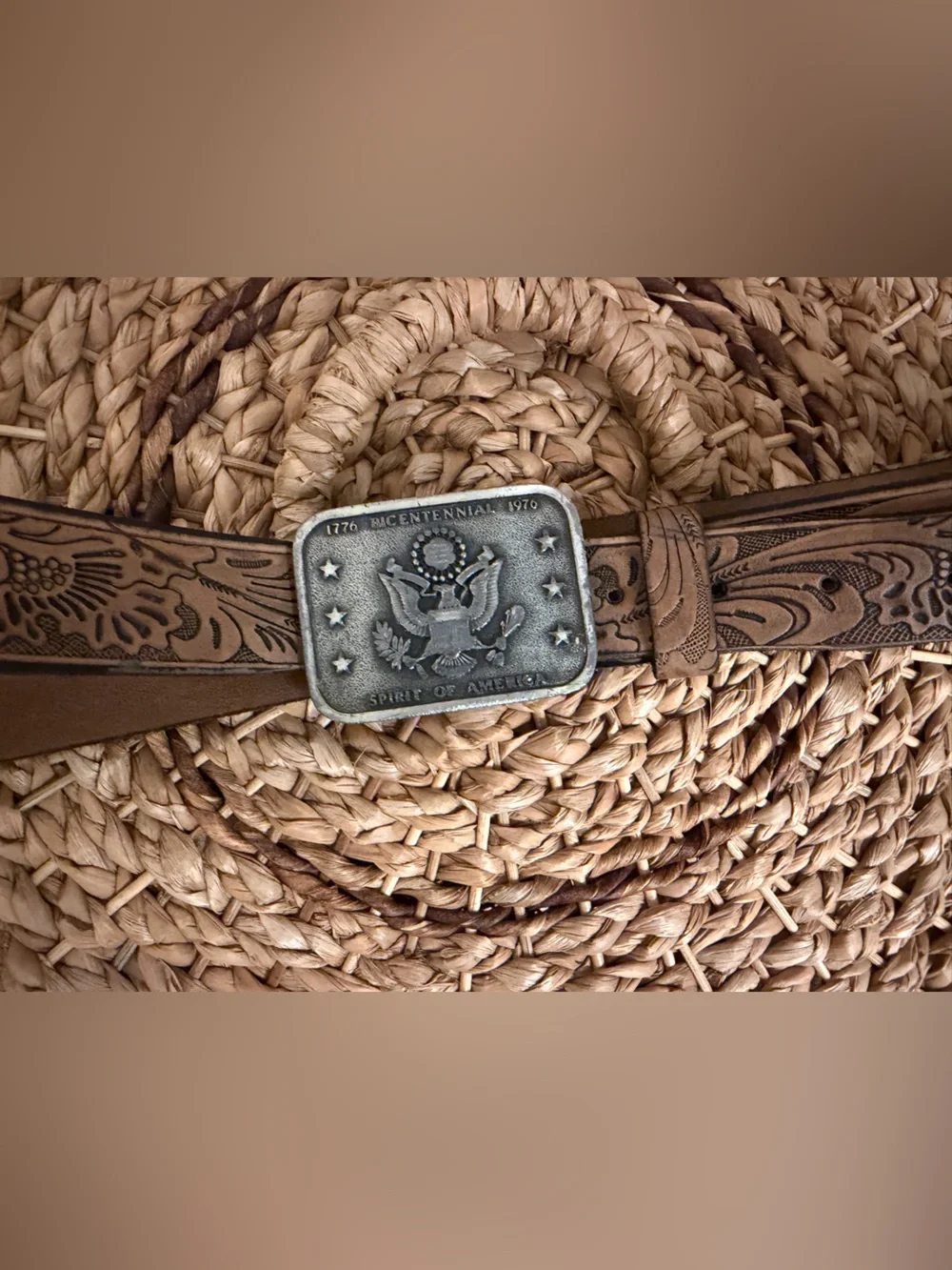 Brown Tooled Leather Men's Belt with Silver Buckle